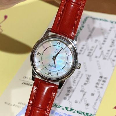 Omega De Ville 32mm Quartz Movement 316L Steel Mother Of Pearl Dial Women Khaki/Red Strap Watch